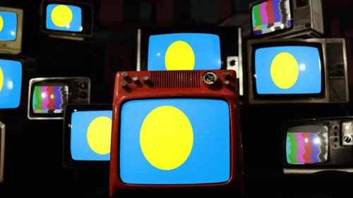 Palau Flag Displayed on Multiple Retro Televisions Screens