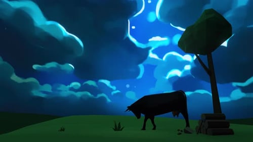 Geometric Cow Grazing Under Starry Night Sky Animation