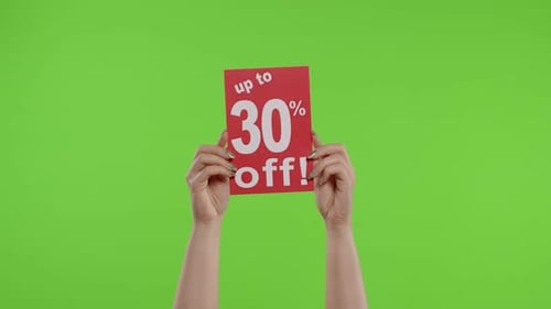 Up To 30 Percent Off Advertisement Inscription on Paper Sheet in Womans Hands on Chroma Key