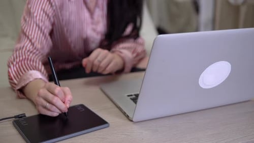 Woman Using Graphics Tablet With Laptop at Desk