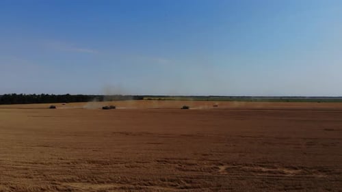 Combine harvesting: aerial view of agricultural machine collecting golden ripe.