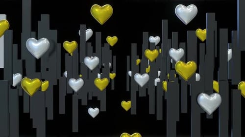 Elegant Gold and Silver Hearts Floating Through Dark Pillars Background