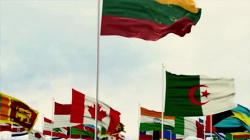 International Flags Waving with Selective Focus Reveal