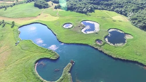 Aerial view of lakes called Sarena jezera near town of Knin