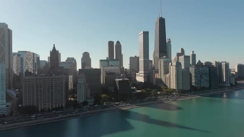 Lakefront panorama of Chicago in beautiful weather, aerial shot