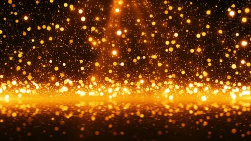Golden Sparkling Light Particles Falling Reflective Stage