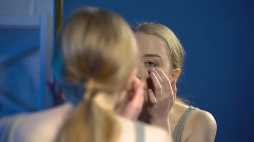 Happy Attractive Lady Applying Concealer Smiling, Dark Circle Eye Cream, Beauty