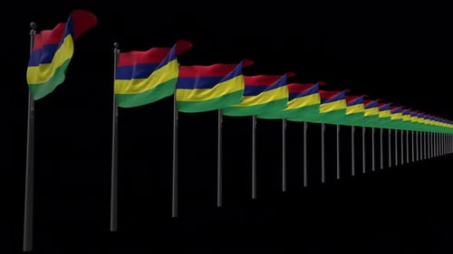 Multiple Mauritius Flags Waving on Poles in a Row
