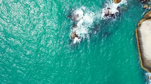 Tropical birds eye island view of a sandy white paradise beach and blue ocean background in hi res 4
