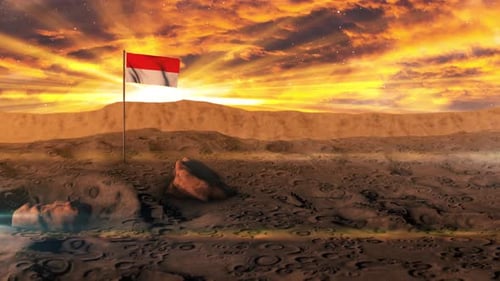 Waving Flag on Lunar Surface with Golden Sunset Sky