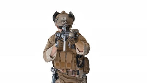 Soldier Aims Rifle in Military Gear