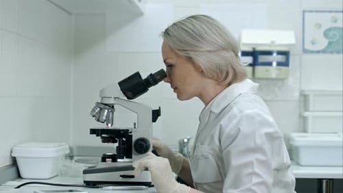 Woman Using Microscope in a Lab