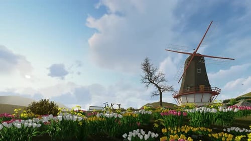 Beautiful Nature Landscape with Windmill and Colorful Tulip Field