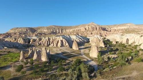 Hoodoos, Fairy Chimneys and Sedimentary Volcanic Rock Formations in Eroded Cappadocia Valley, Turkey