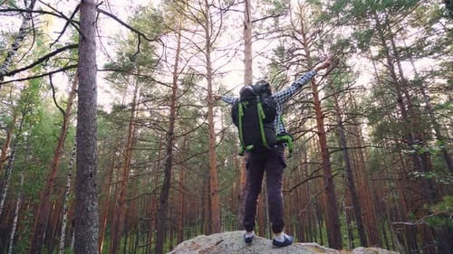 Hübscher Kerl im Touristen-Outfit mit Rucksack klettert auf den Felsen und hebt die Hände