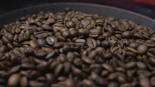 Close uping backwards of roasted coffee beans