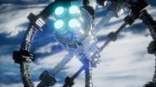 Futuristic Space Station Rotating in Orbit against Cloudy Sky