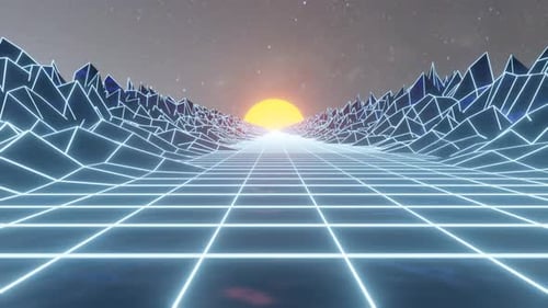 Synthwave-Wireframe-Landschaft. Sonne über dem Stromnetz. Retro-Futurismus im 80er-Jahre-Stil