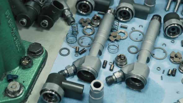 Disassembled Engine Injectors on the Table, Construction Stock Footage ...
