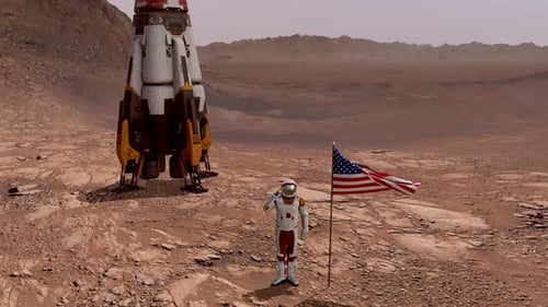 Astronaut Salutes on Mars with Spaceship and American Flag