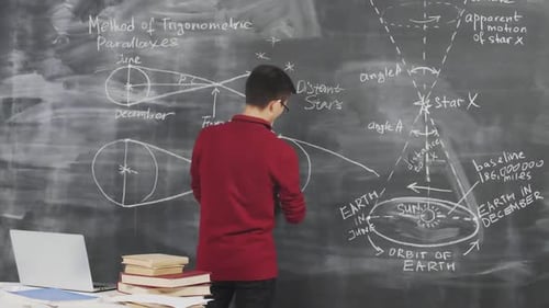 Scientist Making Astronomic Calculations on Chalkboard