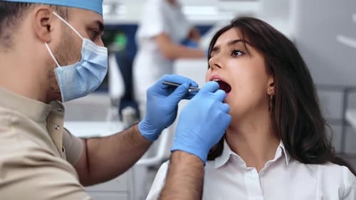 Female Patient Visit Dentist at Stomatology Clinic Regular Tooth Diagnostic Exam Teeth Dental Cavity