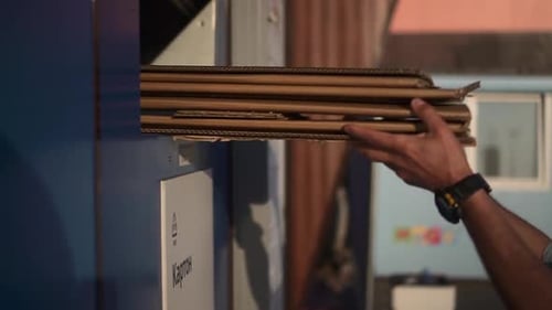 Garbage Separation of Man Throws Paper Trash Into Compartment and Stand Outdoors Spbd