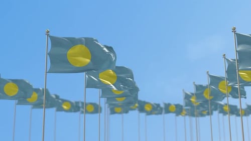 Palau National Flags Waving in Blue Sky Seamless Loop