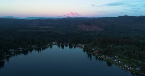 Mt Rainier Sunset Red Color Reflection Above Clear Lake