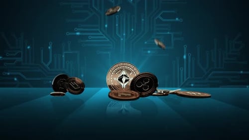 Falling Cryptocurrency Coins on a Digital Circuit Board Background