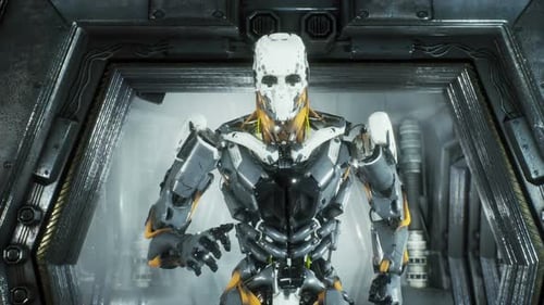 Futuristic Robot Android Materializing and Dematerializing