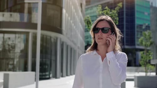 businesswoman talking on cellphone with walking city street.