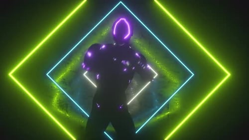 Futuristic Humanoid Figure with Pulsating Neon Square Outline Background