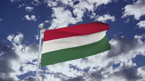 Realistic Hungarian Flag Waving in Cloudy Blue Sky