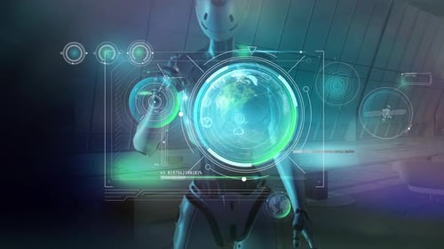 Roboter und virtuelles Panel mit Earth Data 4K