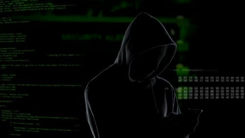 Hooded Hacker with Smartphone and Flashing Green Code