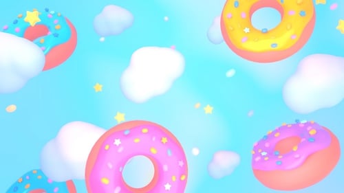 Colorful 3D Floating Donuts and Clouds Background Animation