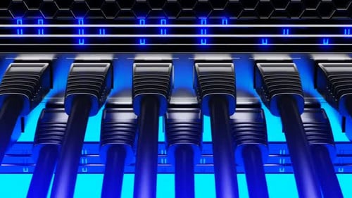 Modern Network Switch with Blinking Lights and Data Cables