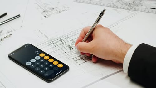 Architect Designer Counting on a Calculator Drawing Plan Blueprint Closeup