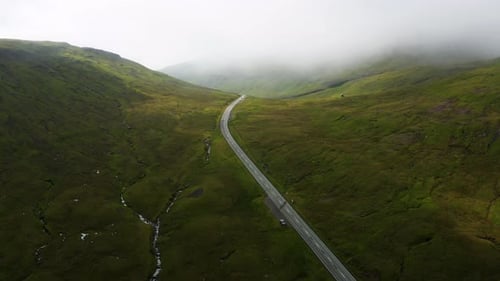 Aerial View of Mountain Road at Faroe Islands Streymoy Island