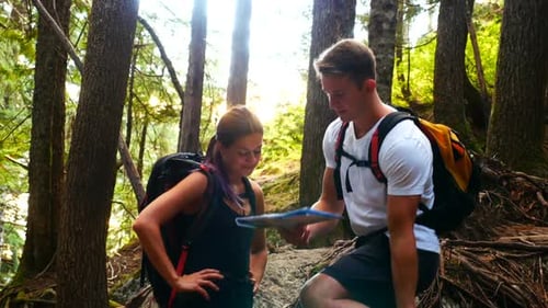 Young Couple Hikes and Navigates with Map in Forest