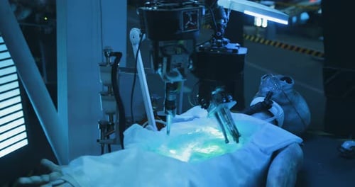 Alien Autopsy with Robotic Arms in Futuristic Lab