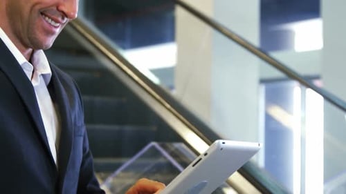 Smiling Man Using Tablet in a Corporate Setting
