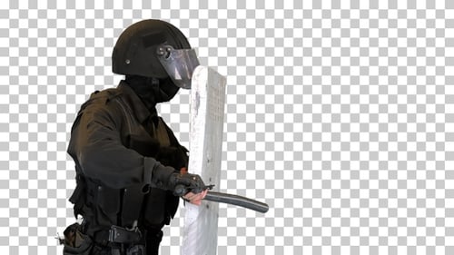 Un policier anti-émeute frappe un bouclier avec le canal Alpha