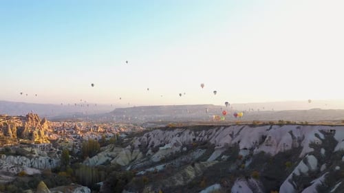 Hot Air Balloons Floating Over Cappadocia Landscape