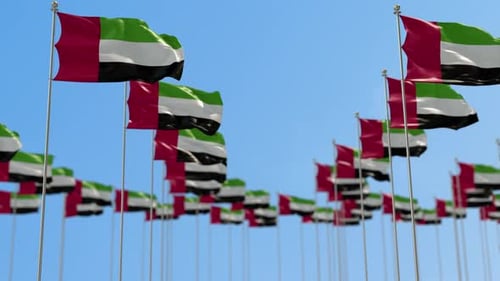 Realistic United Arab Emirates Flags Waving Blue Sky Loop