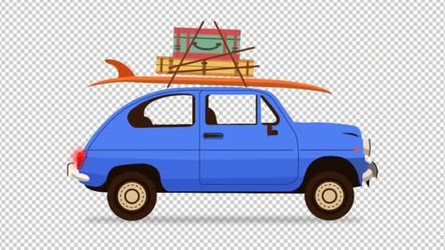 Cartoon Blue Travel Car with Luggage and Surfboard Animation