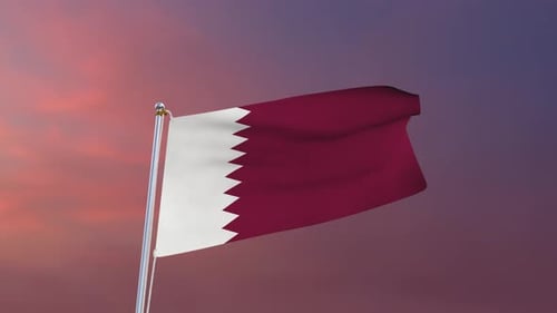 Qatar Flag Waving on Flagpole with Sunset Sky