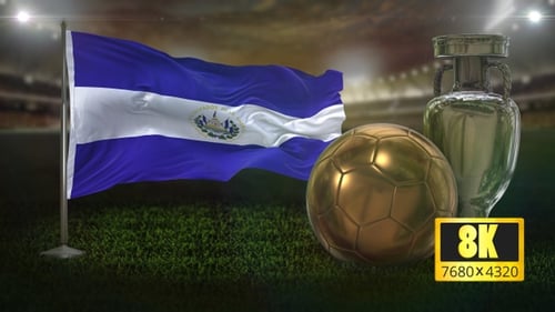 Waving El Salvador Flag, Gold Soccer Ball, and Silver Trophy in Stadium