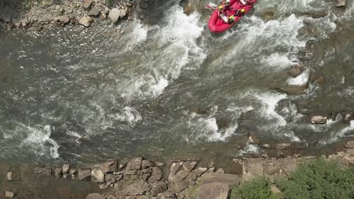 Extreme Rafting on Mountain River Aerial View